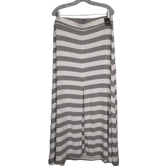 New York & Co | Soho Street Striped Knit Maxi Skirt Front Slit Gray White | Sz L - Picture 1 of 9